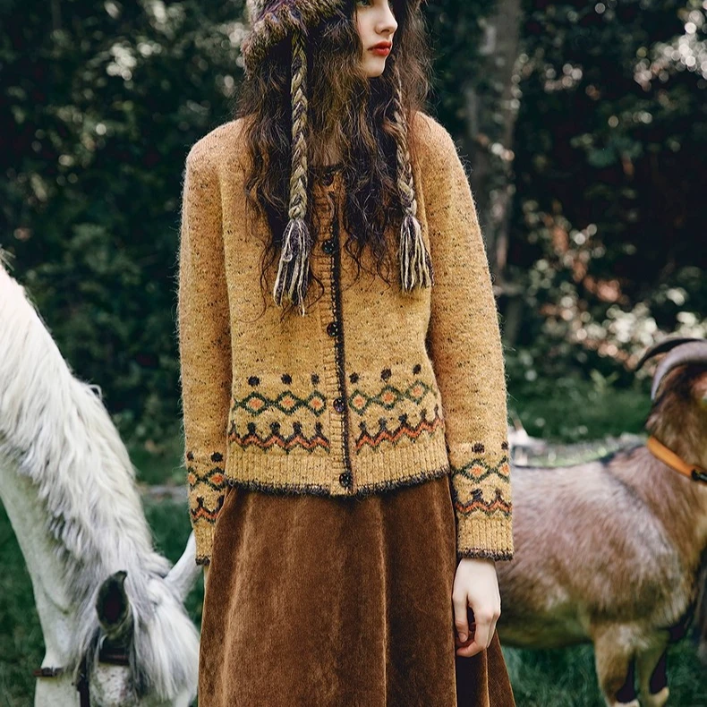 Y1573#秋季2025新款复古圆领黄色花纱休闲时尚针织毛衫