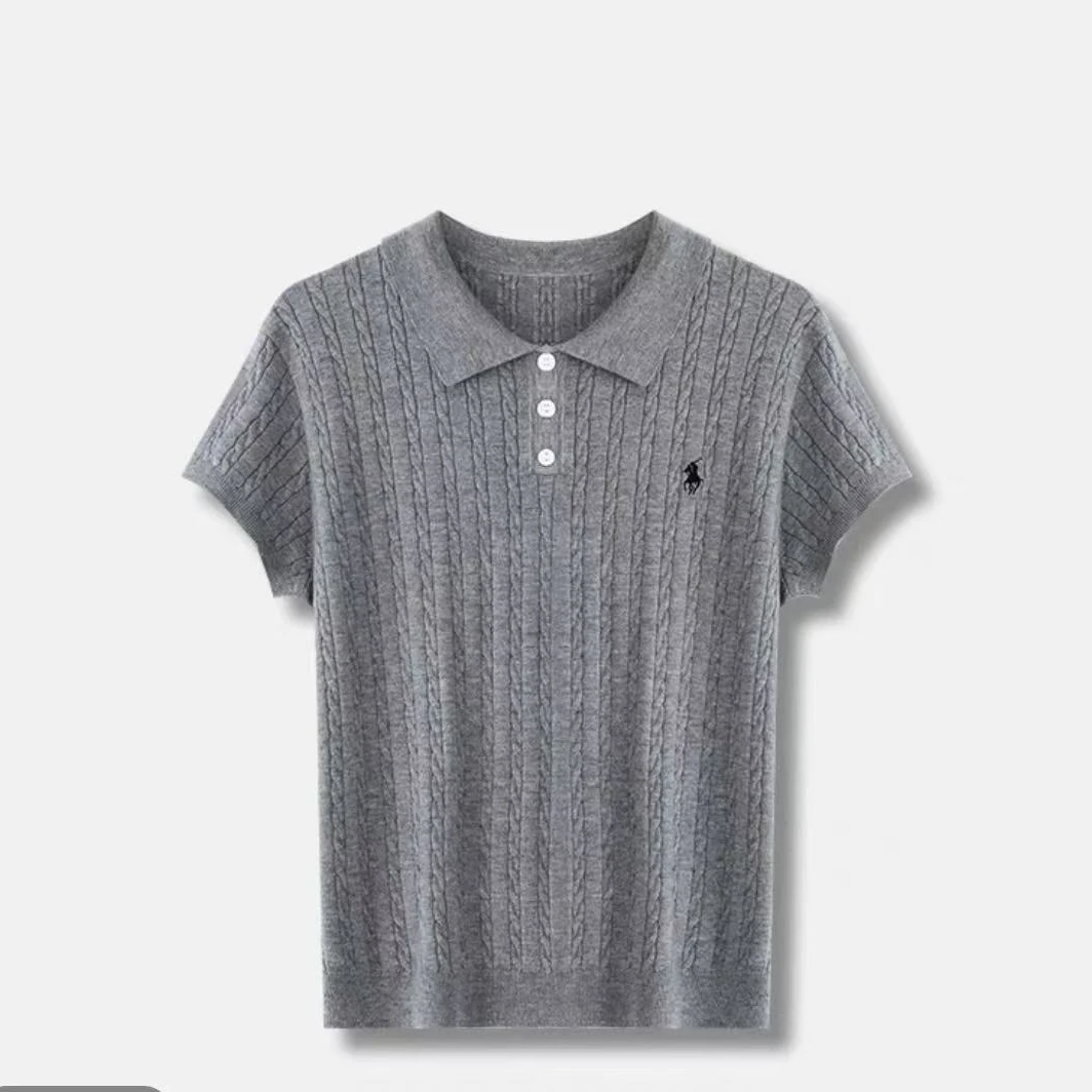 妍茹甄选【纯羊毛真丝】新款POLO领小马刺绣螺纹收编绞花针织衫T恤