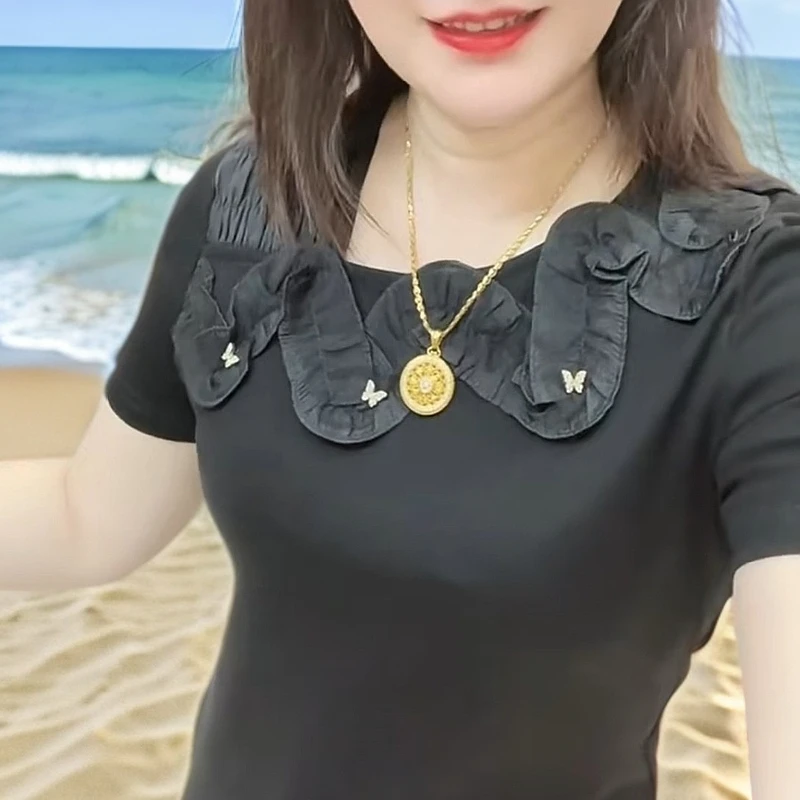 夏天不规则领子舒服棉T上衣