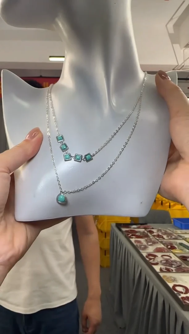 【闪购商品】绿松石银S925镶嵌项链绿松石蛋面叠戴项链S925银