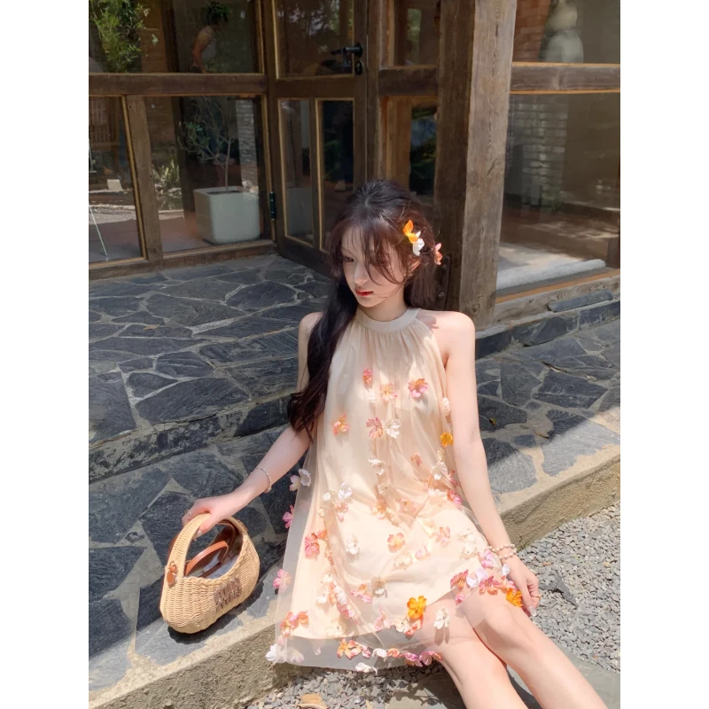 ML 甜美超仙莫奈花园立体花朵无袖挂脖背心少女宽松中长连衣裙