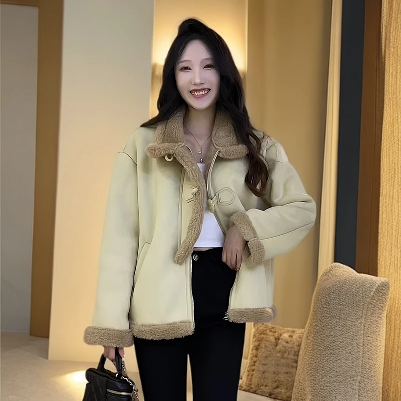 小格子皮毛一体短外套女士秋冬新款加绒加厚上衣保暖洋气大衣