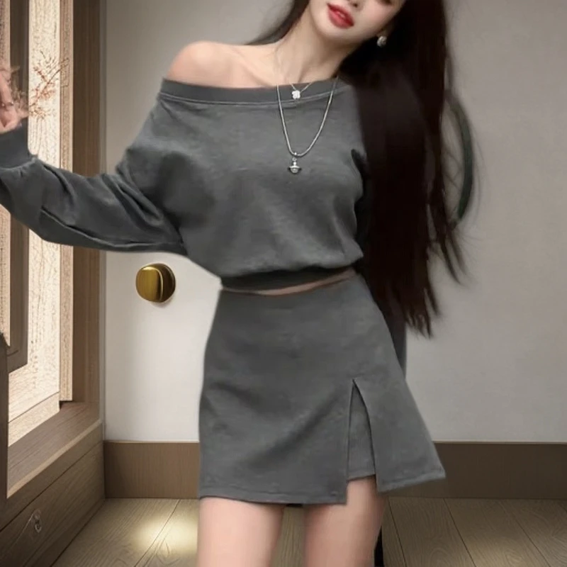 2025年春季新款美式调 一字露肩长袖卫衣高腰A开叉半身裙裤套装