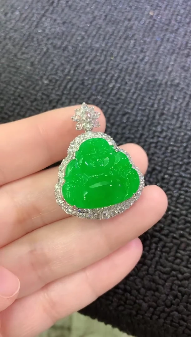 吊坠(不含链)18K金镶嵌翡翠高冰满绿佛公