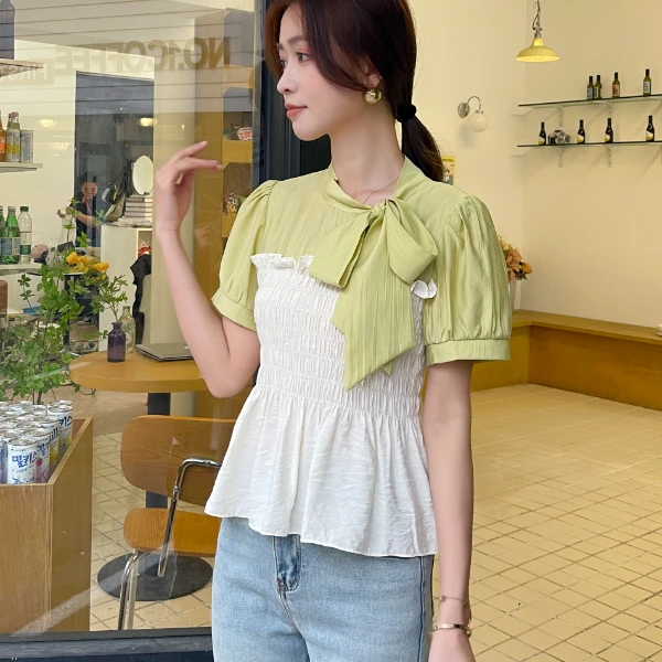 泡泡袖圆领短款拼接修身型雪纺衫显瘦夏季衬衣法式系带气质