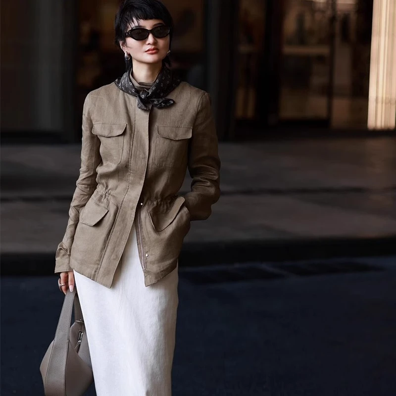 高级感亚麻外套女秋季新款老钱风设计感立领休闲复古收腰夹克上衣
