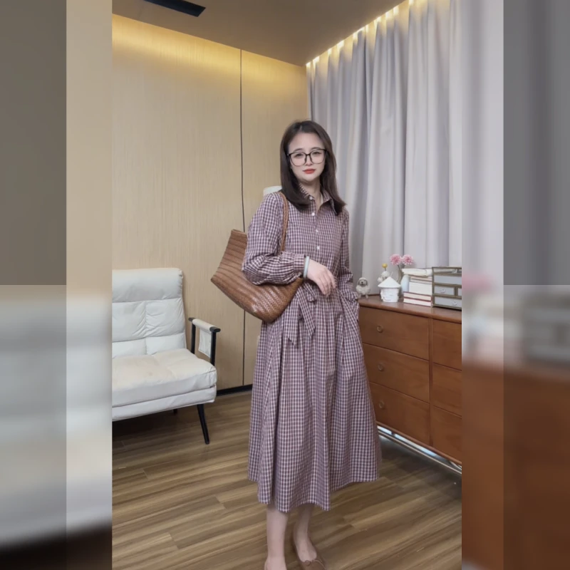 小个子细格长袖衬衫领连衣裙收腰显瘦中长款裙子012