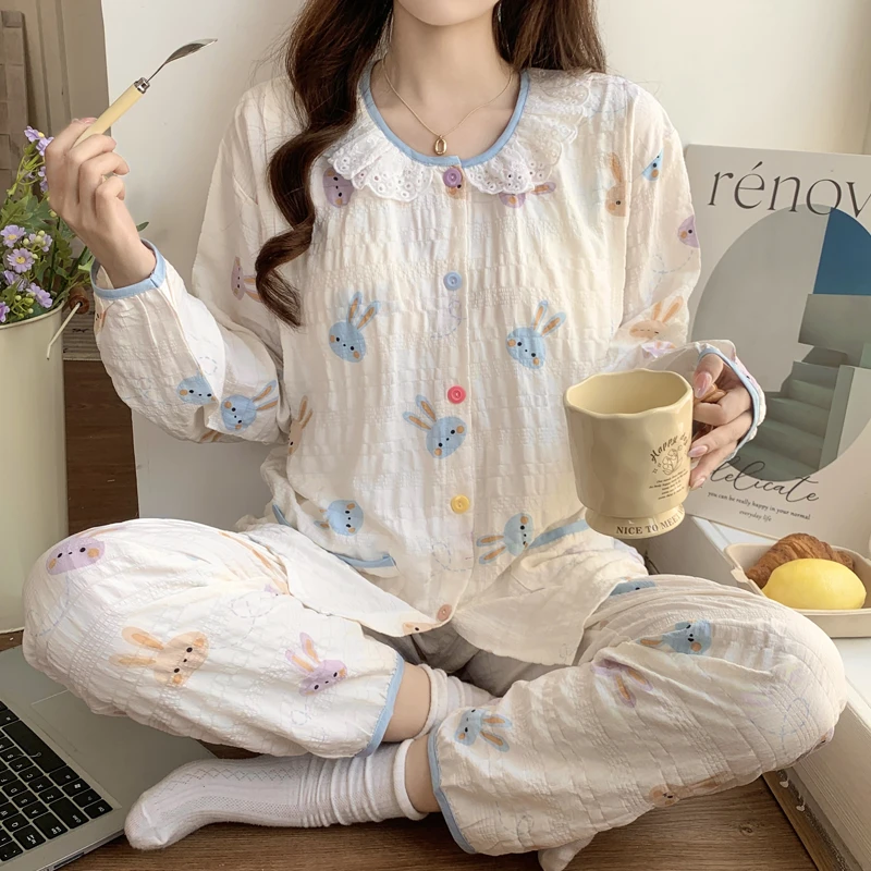 【泡泡棉纱~带胸垫】月子服夏季薄款产后喂奶哺乳孕妇睡衣纯棉产妇