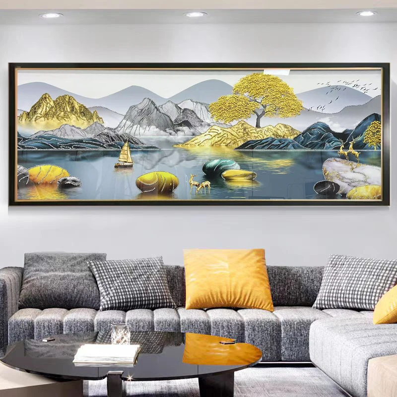 Q75【富水金山】80*220山水客厅轻奢沙发挂画钢化玻璃装裱鎏金画