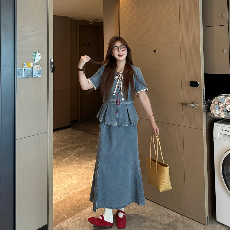 盈盈&南岛风大码女装牛仔拼接连衣裙女夏季胖mm减龄长裙子ZYY2046