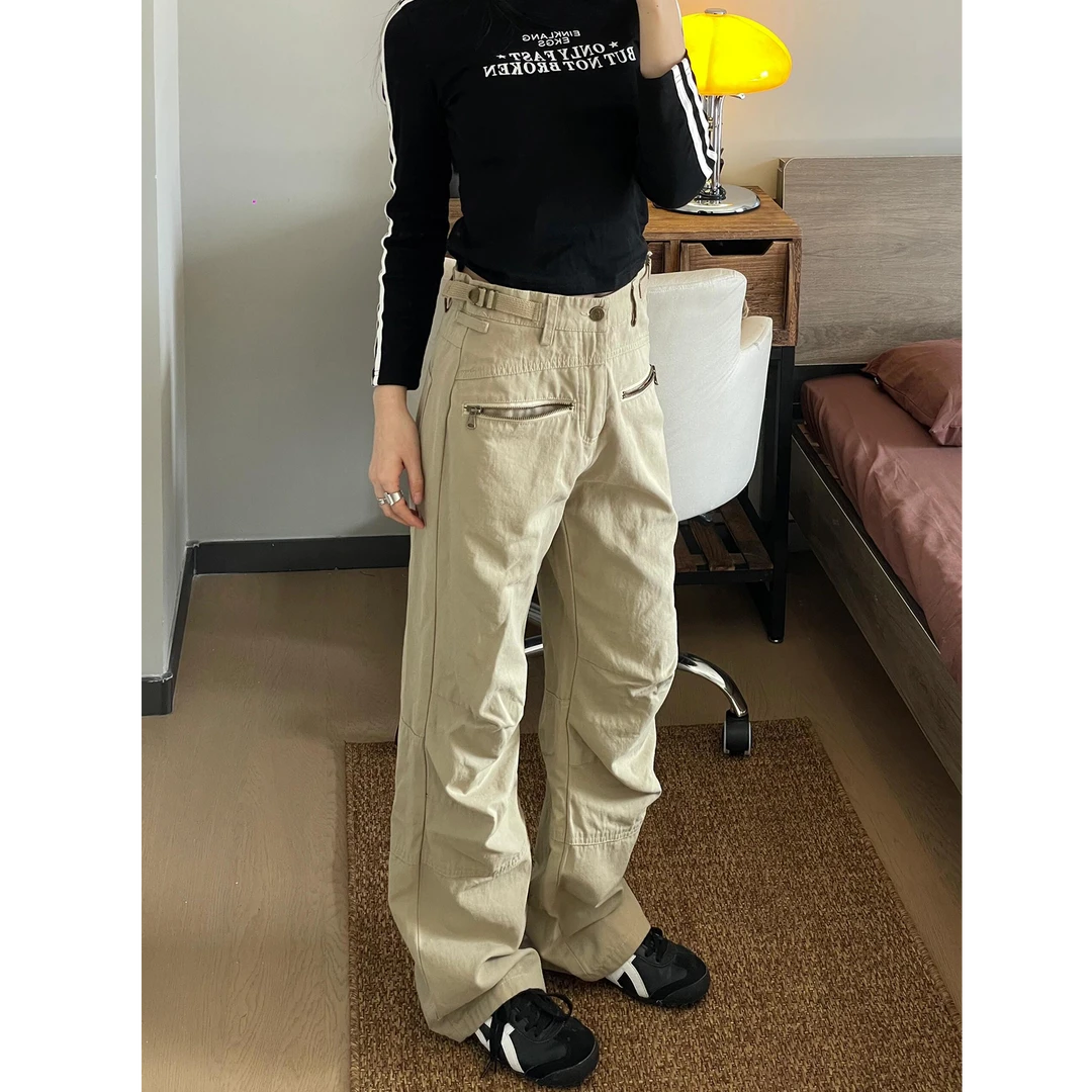 无品牌美式复古工装裤卡其色直筒修身显瘦百搭休闲裤男女设计感