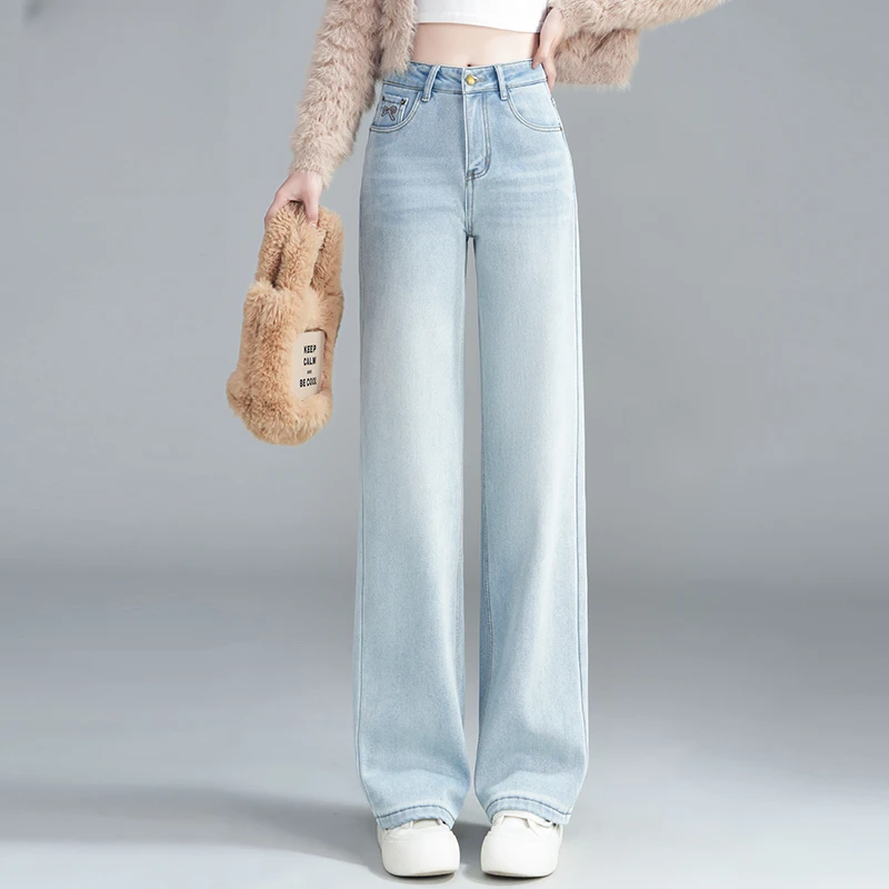 拉夏贝尔新浅色牛仔裤女2025春显瘦女裤直筒裤浅蓝色窄版阔腿裤