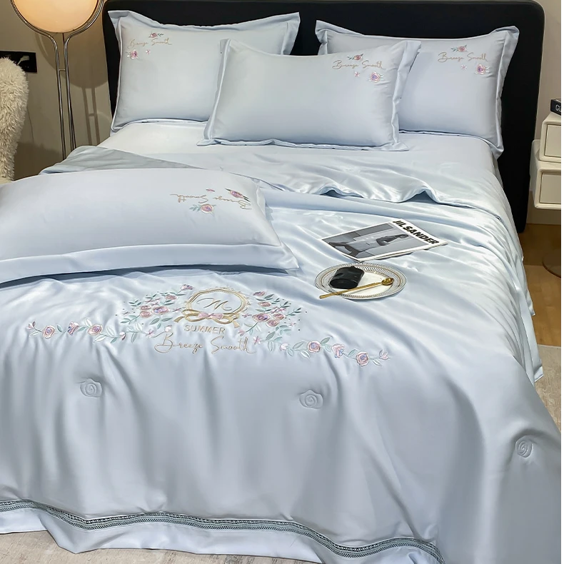 【风吹半夏】浅蓝绣花夏凉被四件套可机洗裸睡空调被子凉感夏被