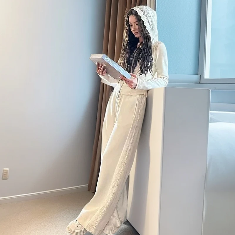 蕾丝拼接设计感休闲高腰垂感拖地裤两件套----25913