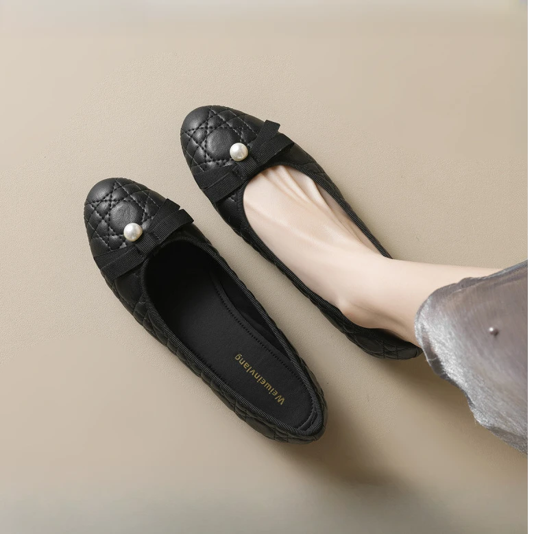 春季舒适通勤平底鞋浅口小香风软底蝴蝶结单鞋女圆头大码春秋百搭