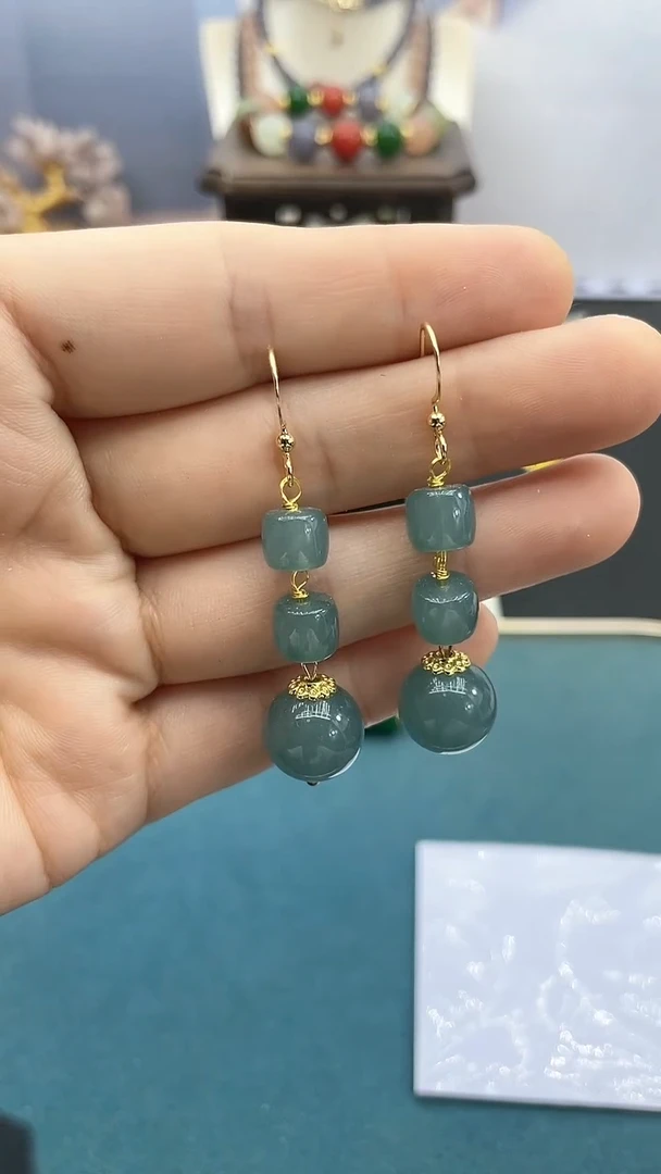 翡翠14K金镶嵌耳饰12mm蓝水耳钩*FJ