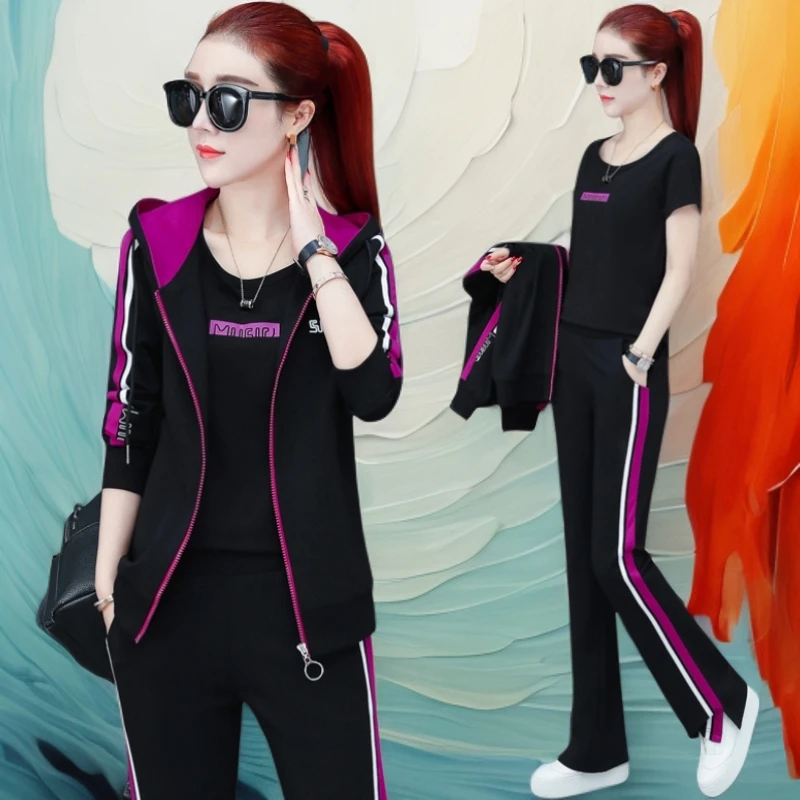 爆款运动套装女春秋2025新款时尚港风减龄三件妈妈休闲跑步服卫衣