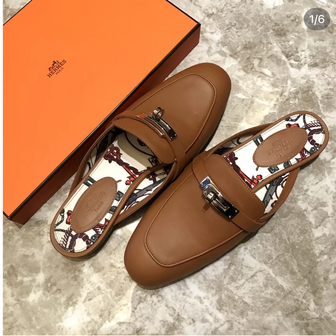 全新未使用 Hermes/爱马仕 棕色Kelly银扣穆勒半拖鞋35
