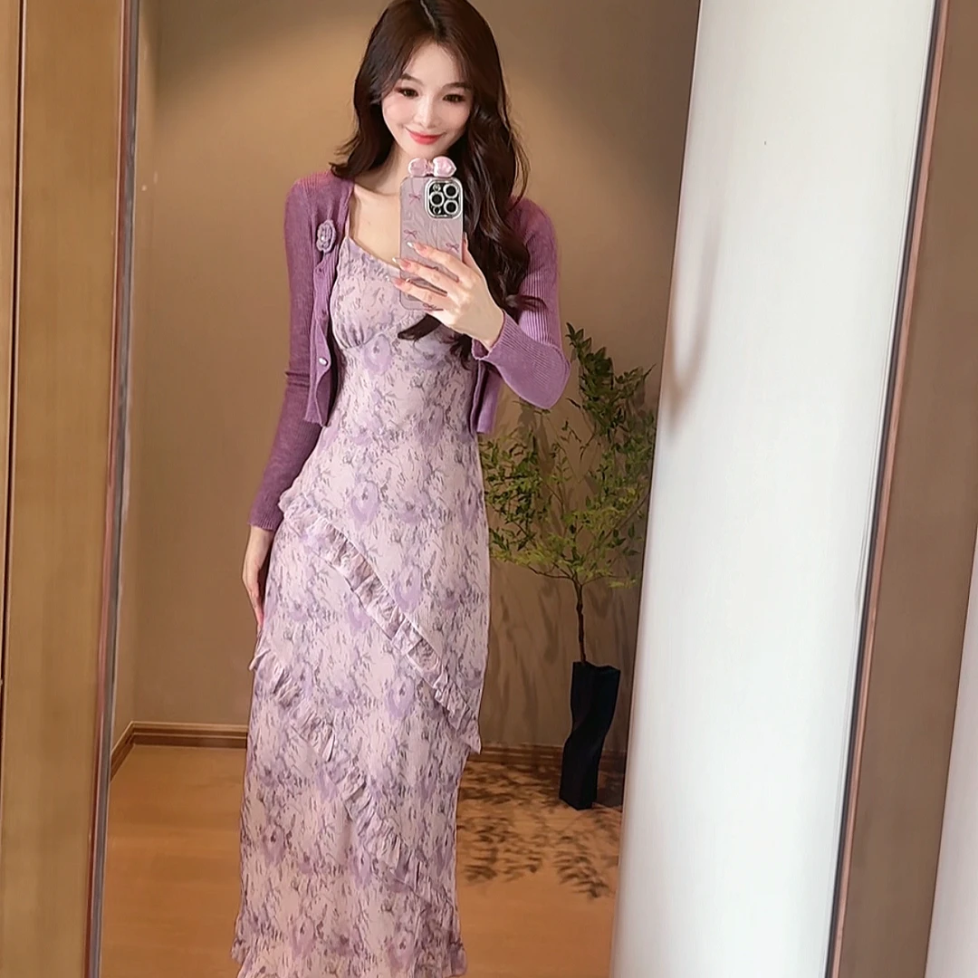 JINWAI 宁宁｜“紫色美人鱼”温柔风荷叶边连衣裙+紫色针织开衫N5025