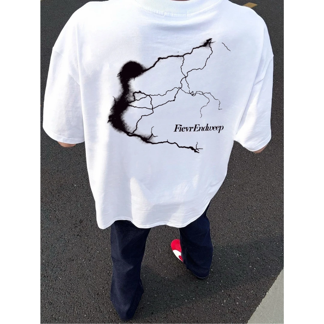 国潮美式闪电印花短袖t恤夏季潮牌高街痞帅圆领宽松休闲纯棉上衣