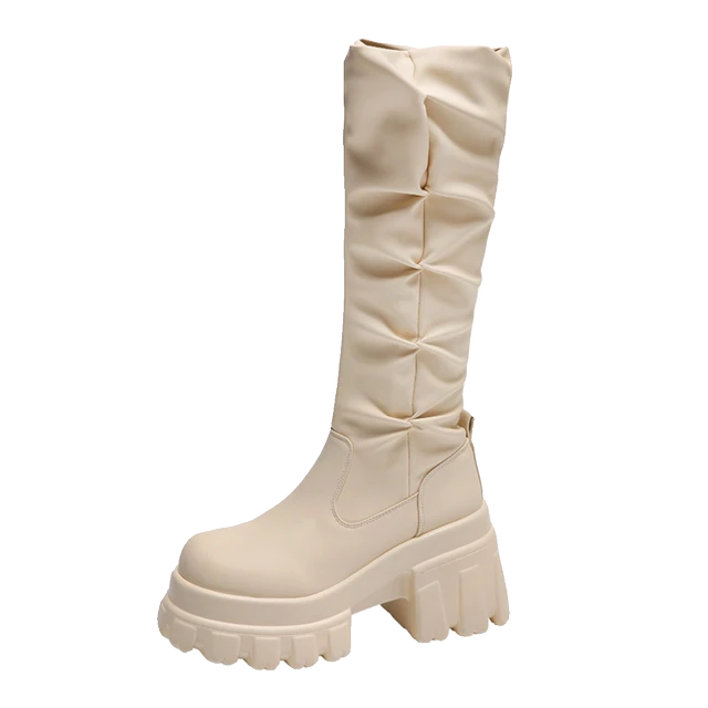 秋冬季褶皱堆堆靴女厚底粗跟高筒骑士靴小个子不过膝加绒长筒靴子