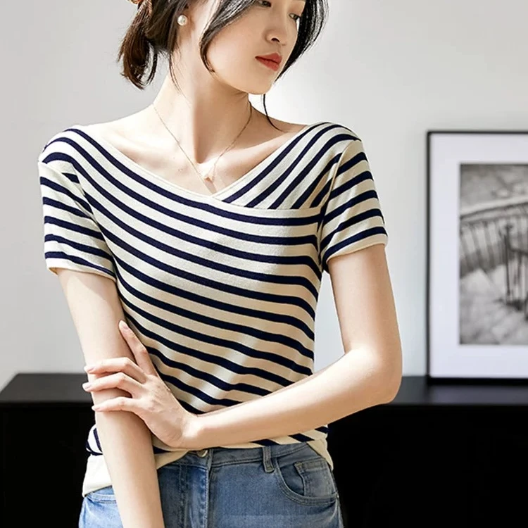 莱赛尔天丝一字肩条纹短袖T恤女夏季设计感修身显瘦百搭上衣F6316