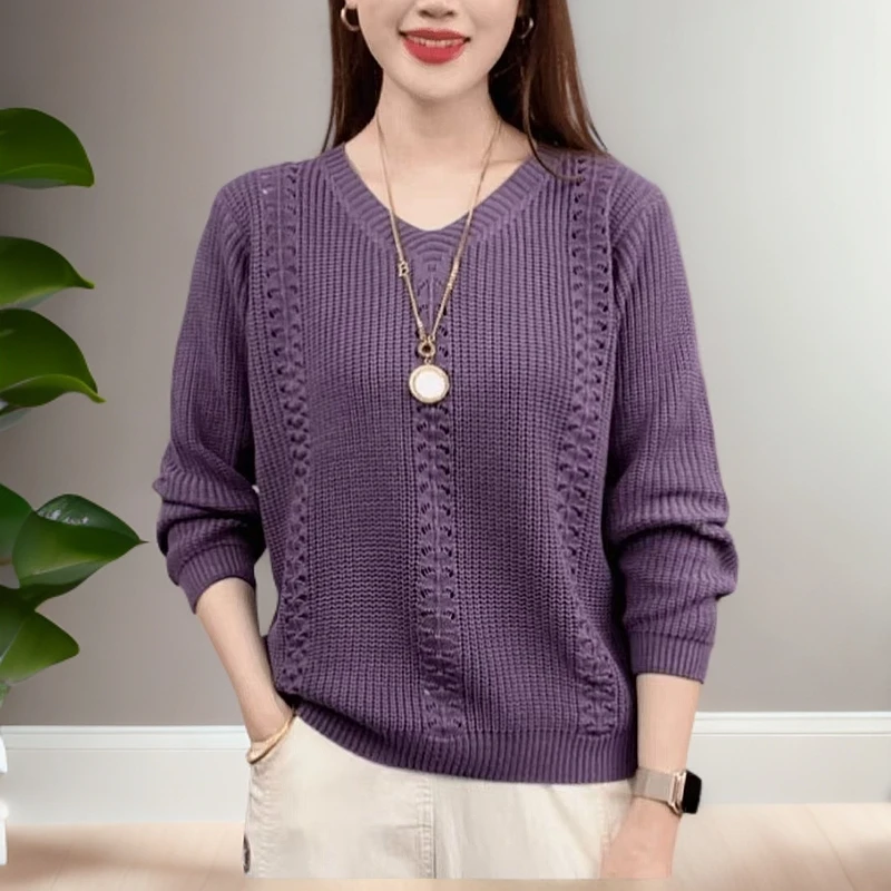 V领针织毛衣早春新款镂空洋气显瘦气质长袖时尚休闲百搭宽松套头