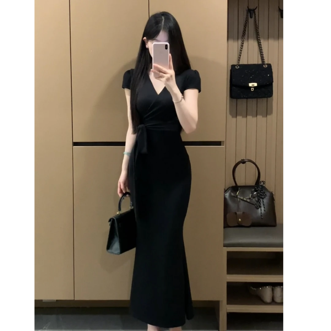 【温柔涟漪】夏季新款纯欲风V领绑带设计感显瘦包臀连衣裙XY-137