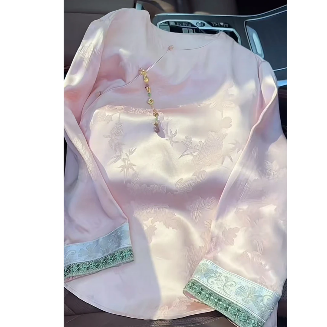 『花容』新中式气质提花牡丹花衬衫2025春季新款圆领斜襟长袖上衣