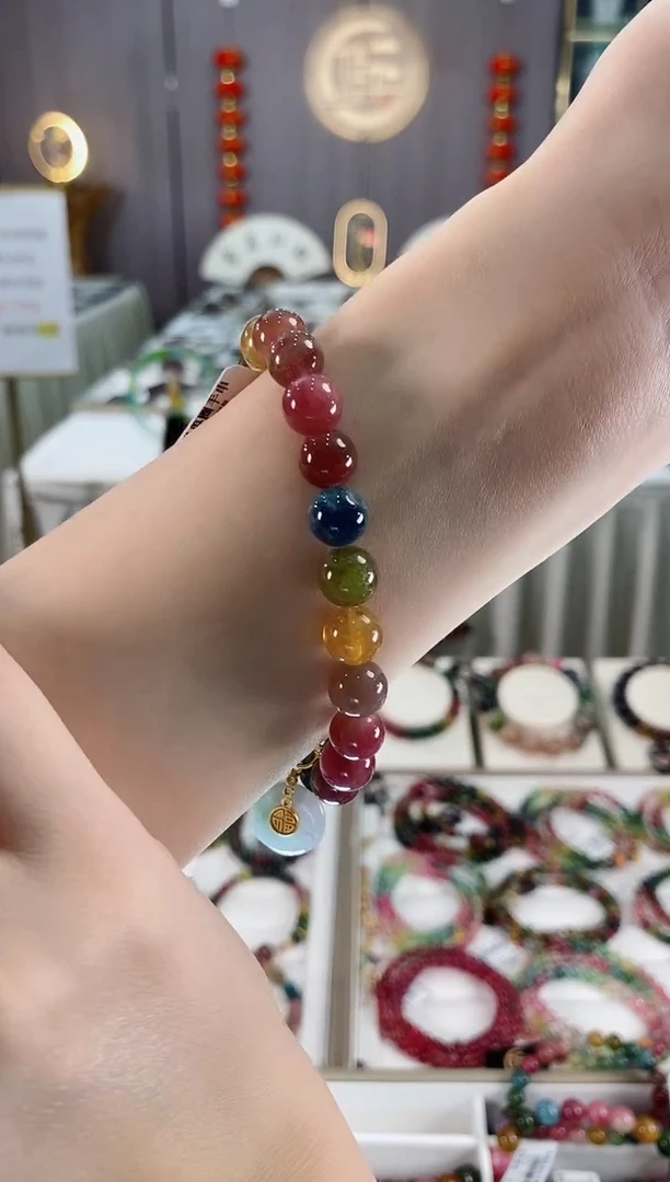 未镶嵌老矿碧玺色标彩虹油料单圈手串8mm+碧玺dan多样性发货一条