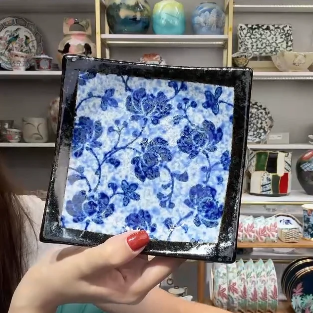 【2支】日本进口美浓烧舞兰四方盘13.5cm