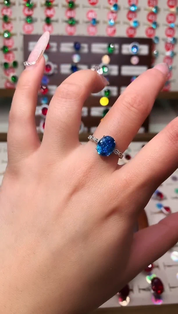 银S925镶嵌戒圈海蓝宝石8*10 银托