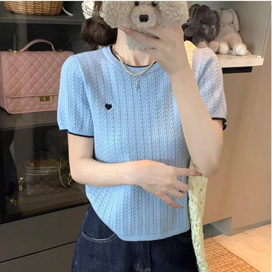 爱心刺绣针织短袖女2025夏季chic撞色圆领T恤学院风打底内搭上衣