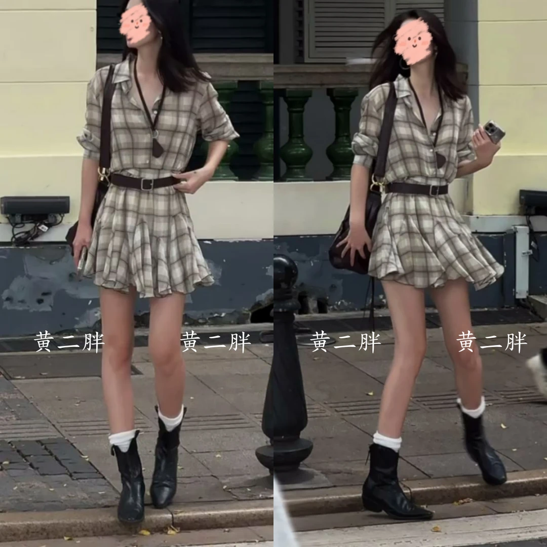 复古格纹polo领衬衫连衣裙女法式高级感慵懒收腰短裙2025夏季新款