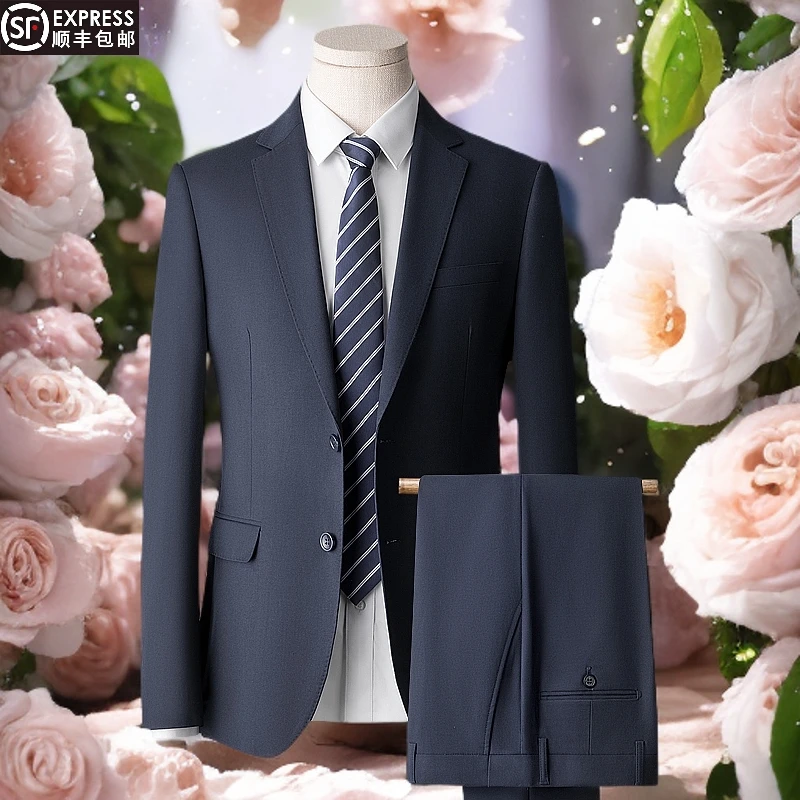 汤米蓝色西服套装面试男装商务休闲修身新郎婚礼礼服男士工作西装