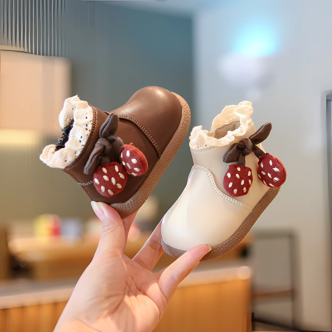 女童樱桃花边靴舒适保暖宝宝婴儿鞋软底小童公主鞋女宝鞋婴儿靴子