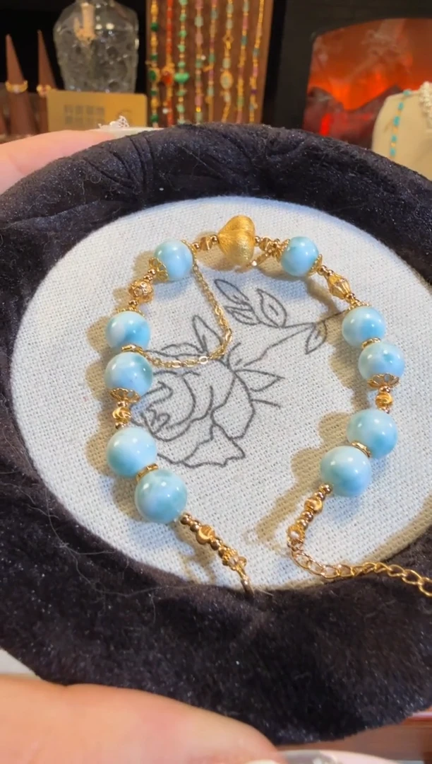 银S925镶嵌针钠钙石（海纹石）手链拉丝屁桃爱心