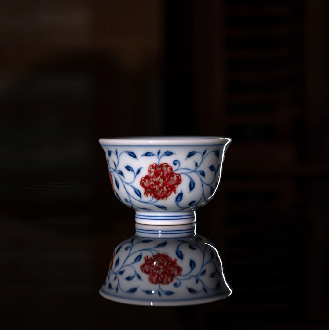 景德镇和然窑 - 纯手工手绘原矿青花釉里红缠枝花卉迷你压手