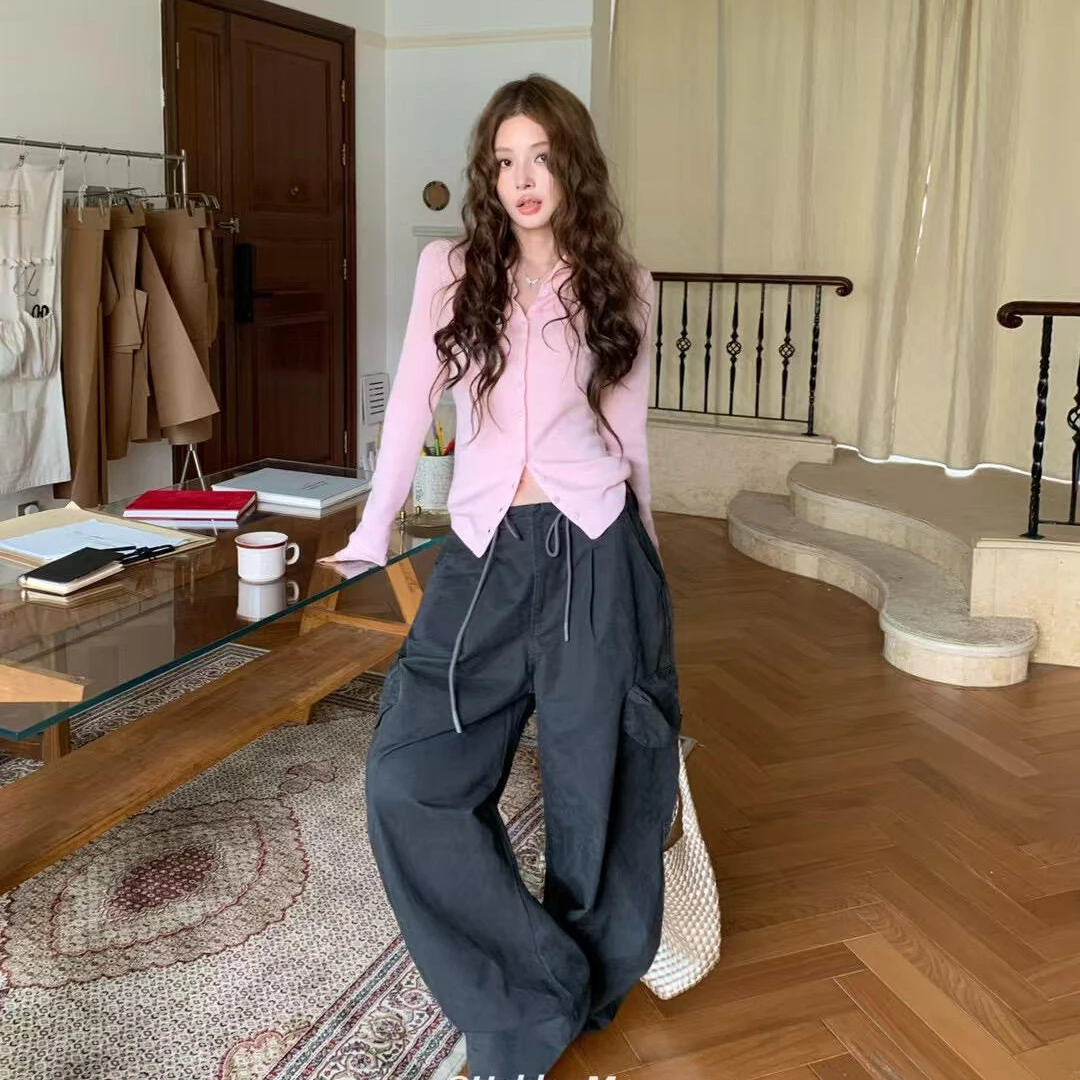 miu系粉色针织开衫t恤女早秋季韩系高级感收腰显瘦v领毛衣打底衫