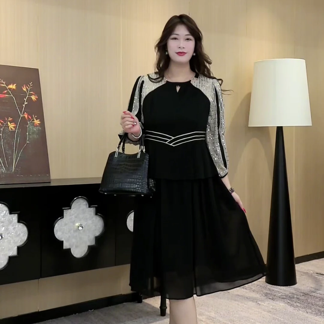 2025年秋季定制大码女装显瘦轻奢气质时尚中长款连衣裙ZB6882