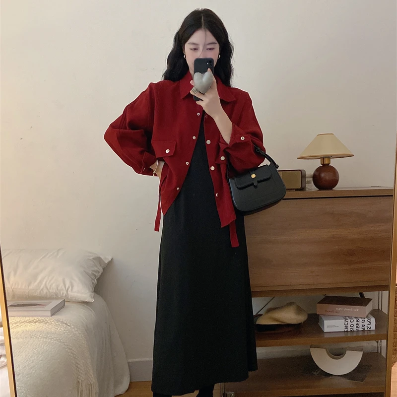 秋季新款红色衬衫外套吊带裙今年流行两件套装裙1626