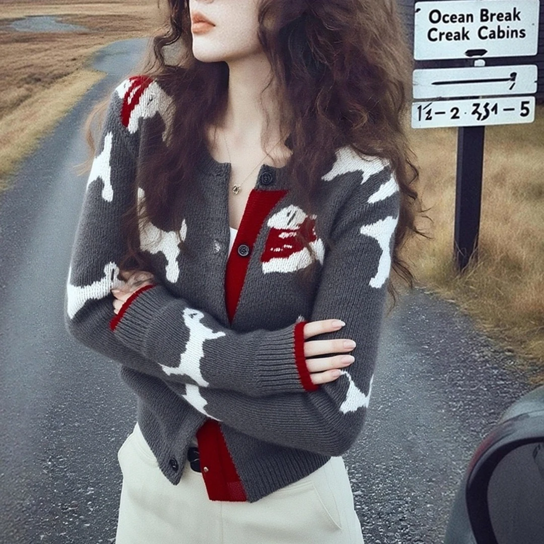 冬季设计感小众不撞款别致独特软糯慵懒风超好看灰色提花针织开衫