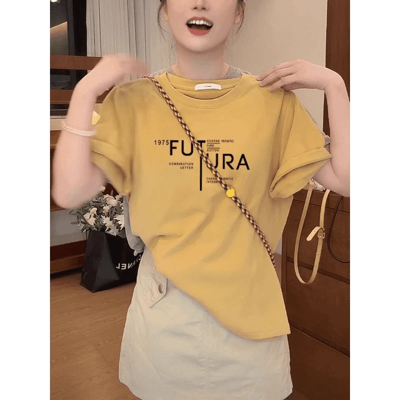 设计感小众正肩圆领短袖女t恤2025新款黄色上上衣时尚百搭夏季潮
