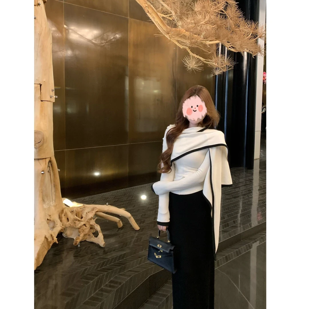 韩系真两件三角披肩设计感针织衫女早秋季不规则上衣套装