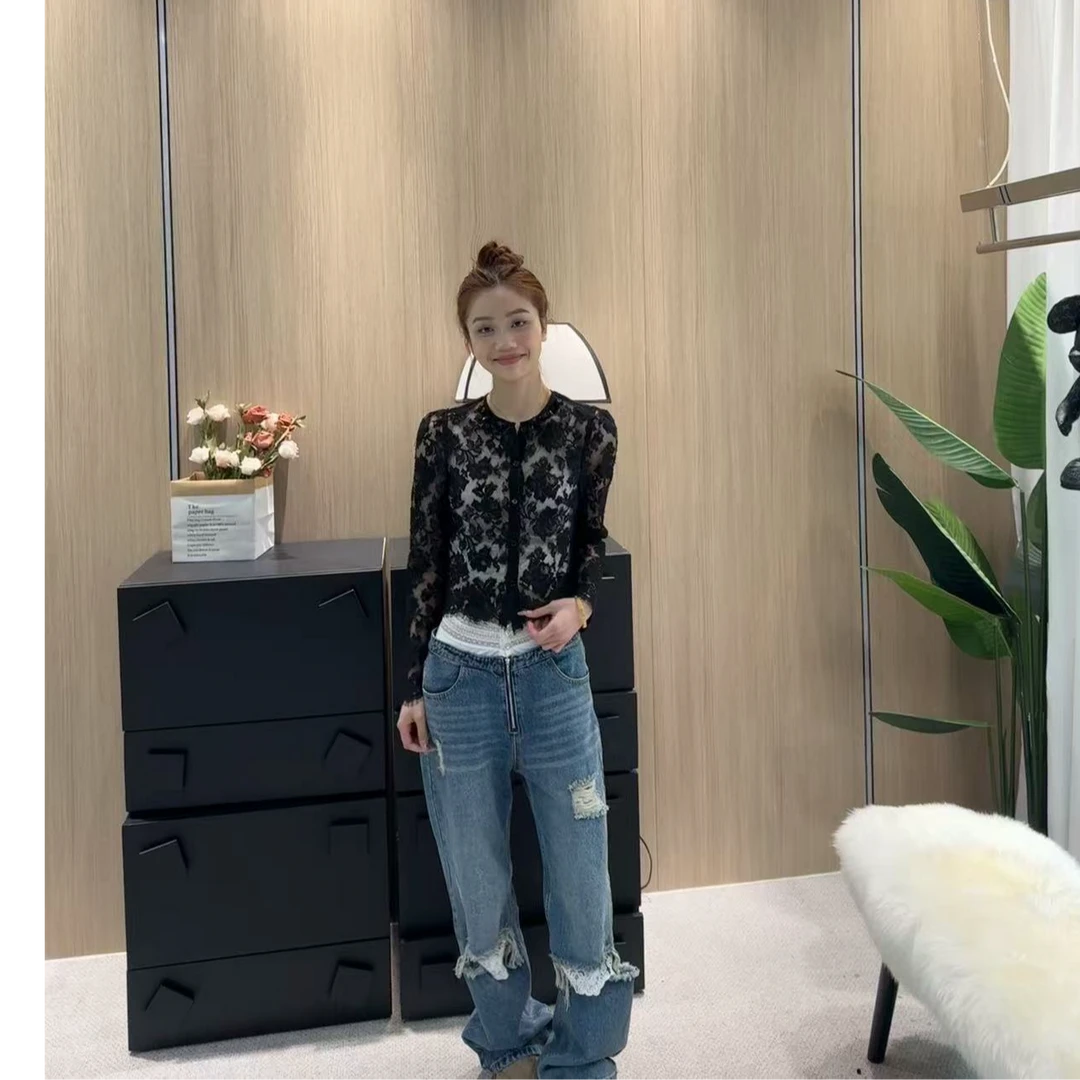 重工拼接蕾丝腰头牛仔裤