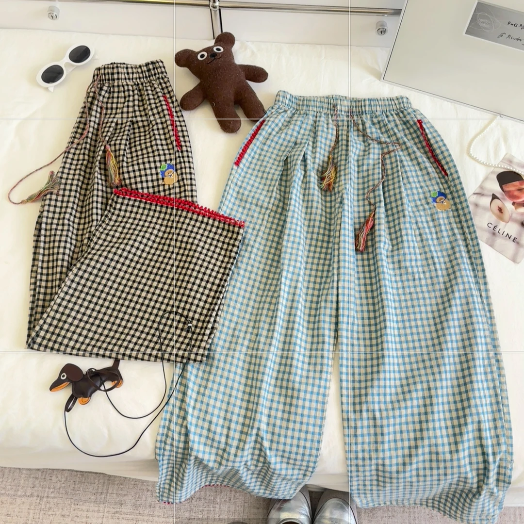 仙仙 韩系刺绣猫咪简约百搭休闲格子阔腿裤IS73