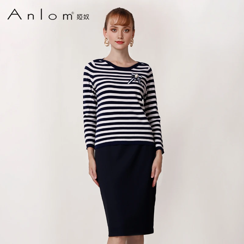 Anlom/娅奴针织衫女新款春秋修身气质条纹圆领时尚桑蚕丝针织上衣