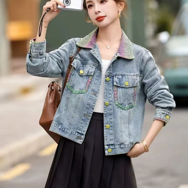 牛仔短外套女春秋季新款复古气质时尚百搭小个子彩色翻领夹克8508