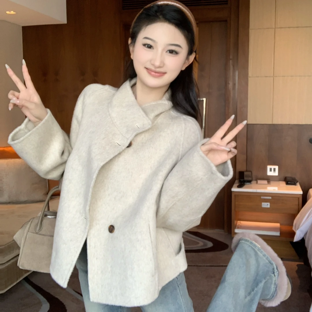 2025春秋高级感时尚立领双面绵羊毛大衣女温柔百搭毛呢外套JSF065