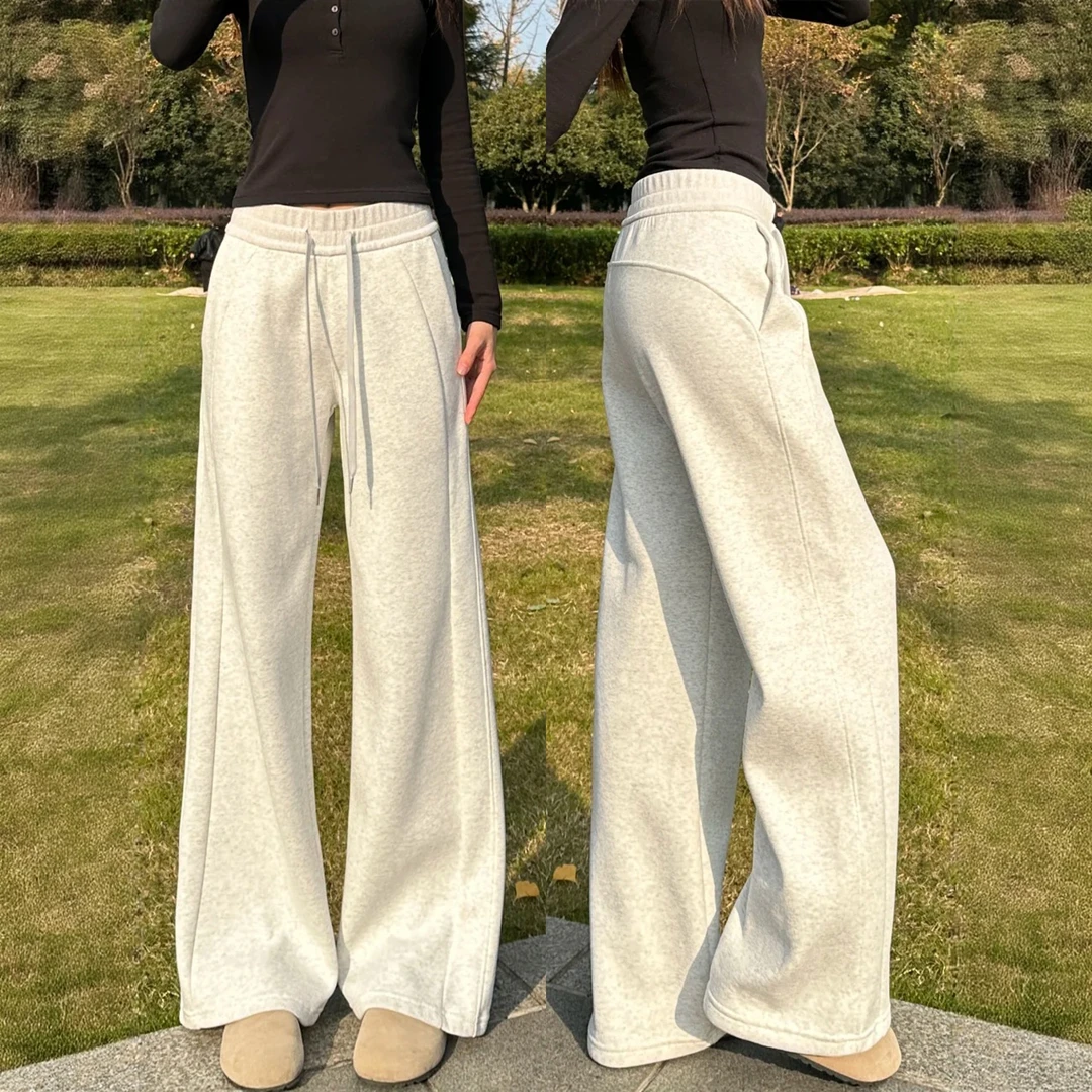 白灰色加绒加厚运动裤女秋冬季2025新款高腰直筒显瘦休闲阔腿卫裤